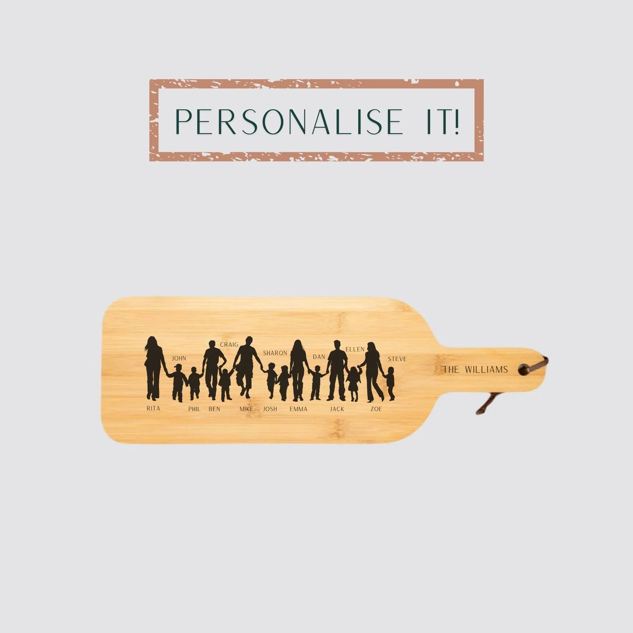 Personalised bamboo serving board with custom engraving, elegantly displayed on a marble kitchen table, featuring a smooth natural finish and eco-friendly design.