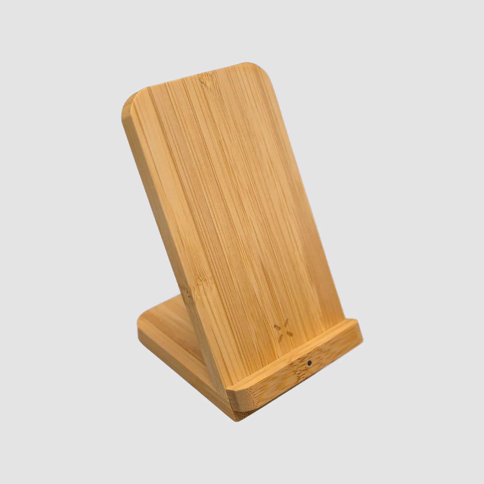 Front view of the personalised bamboo wireless charger, showcasing its eco-friendly design.