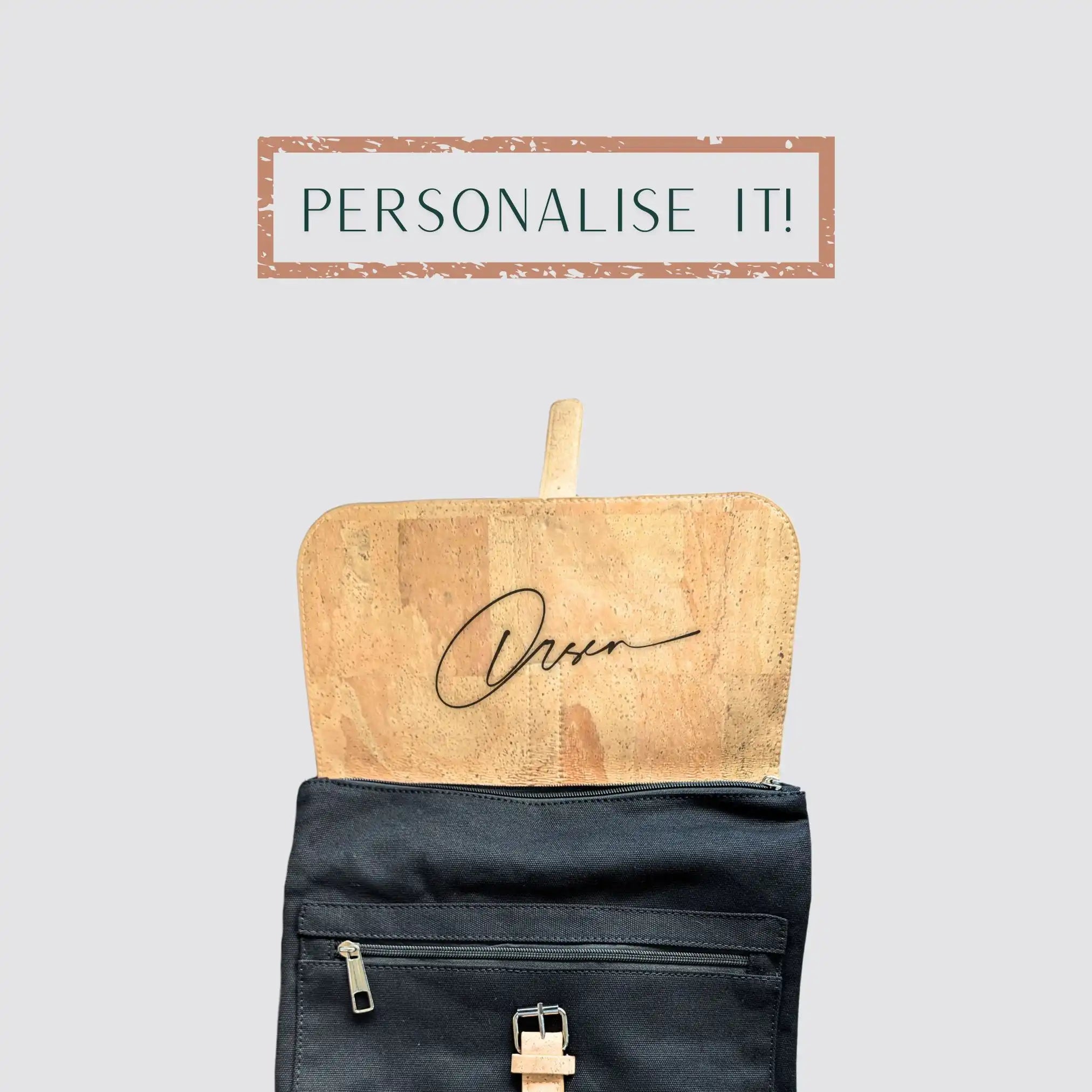 The cork laptop backpack is elegantly personalised and suitable for sustainable gifting.