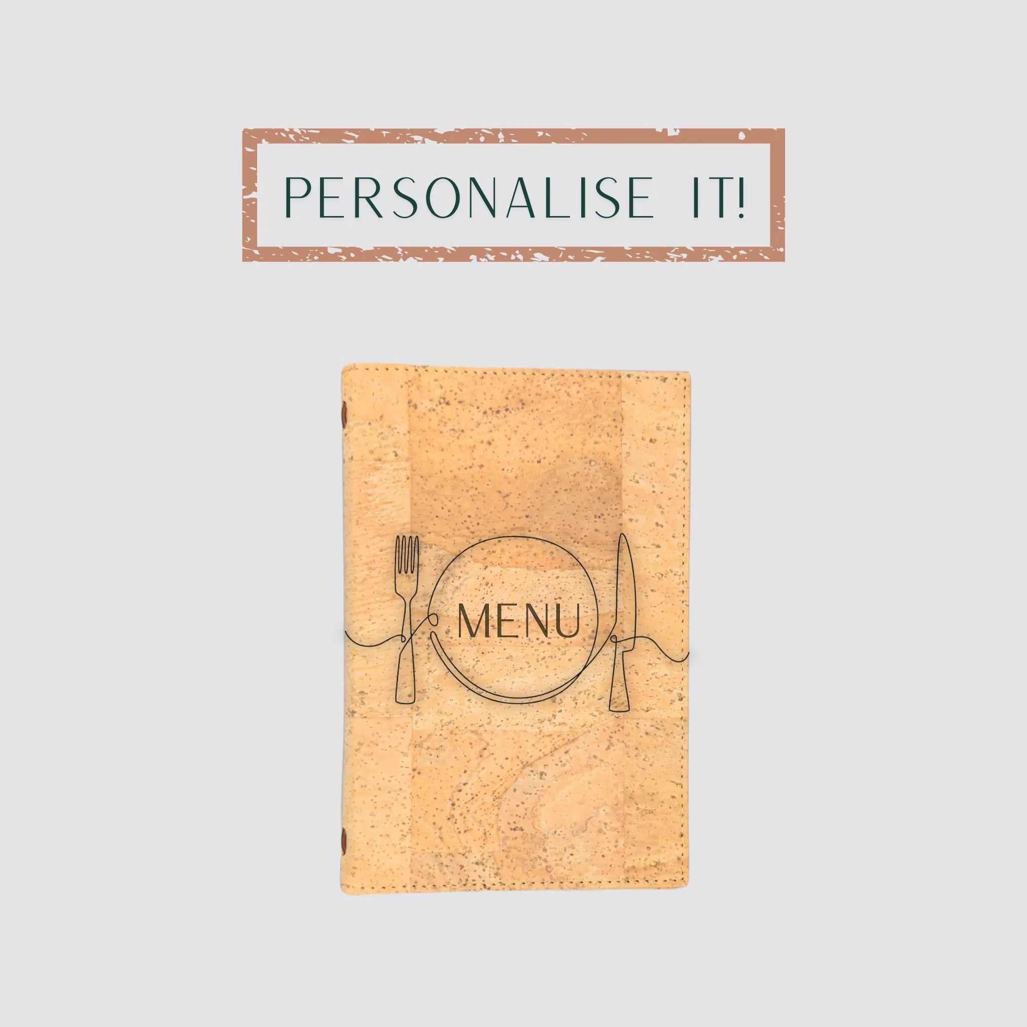 The elegant restaurant or bar menu made of natural cork is personalised with the logo and food menu.