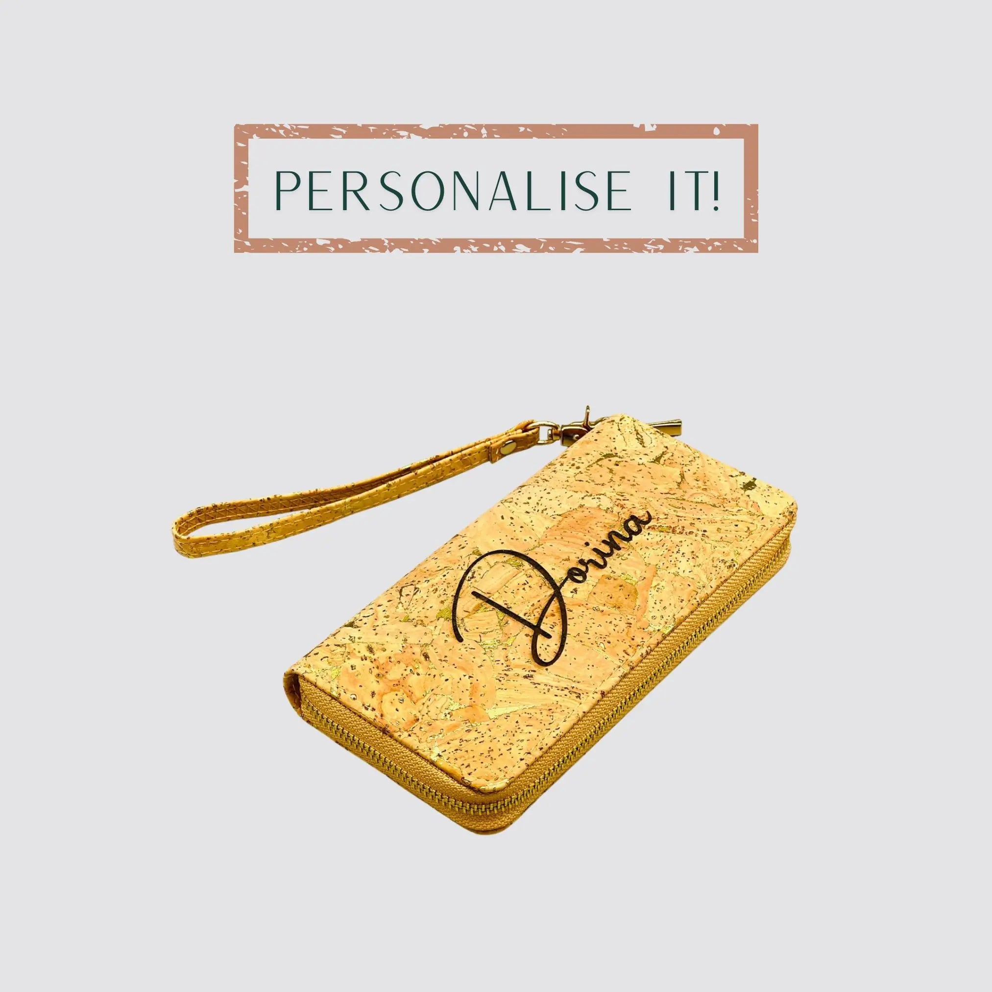 The luxurious womens wallet is made of vegan leather and is personalised with a name.