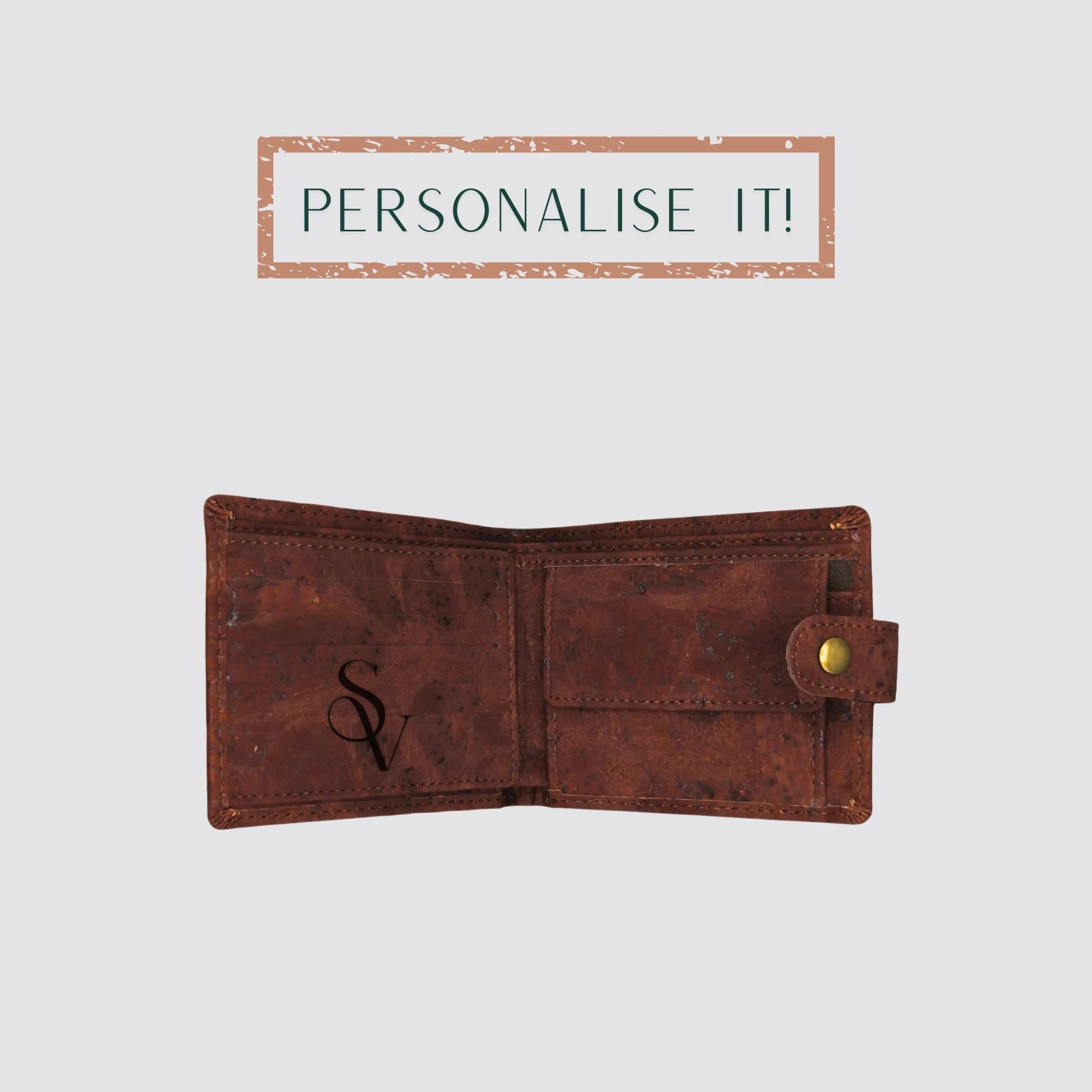 The mens cork wallet is opened and on the inside part is elegantly personalised with someone's name making a perfect luxury gift for men.