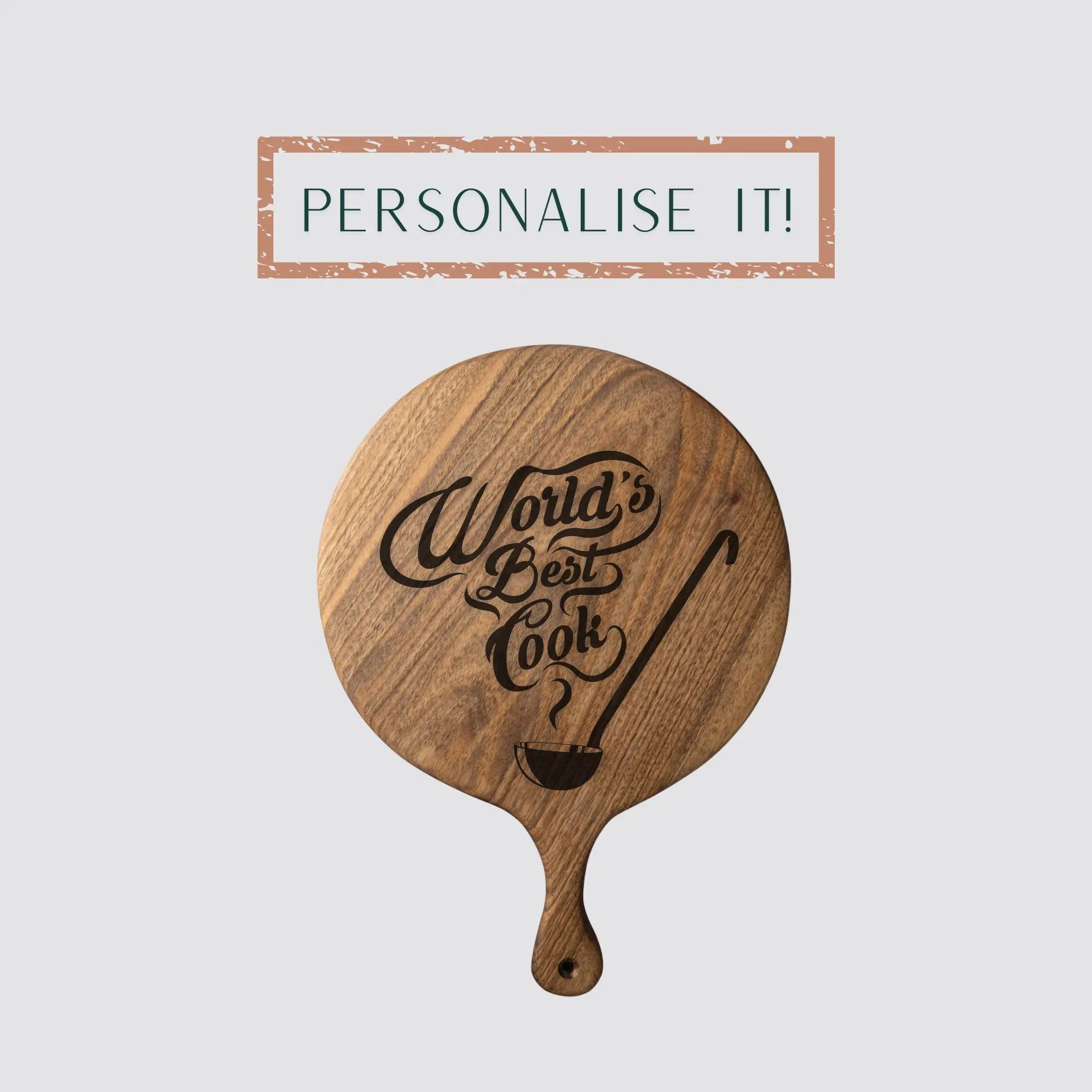 The personalised serving board is of a round shape and is made of premium walnut.