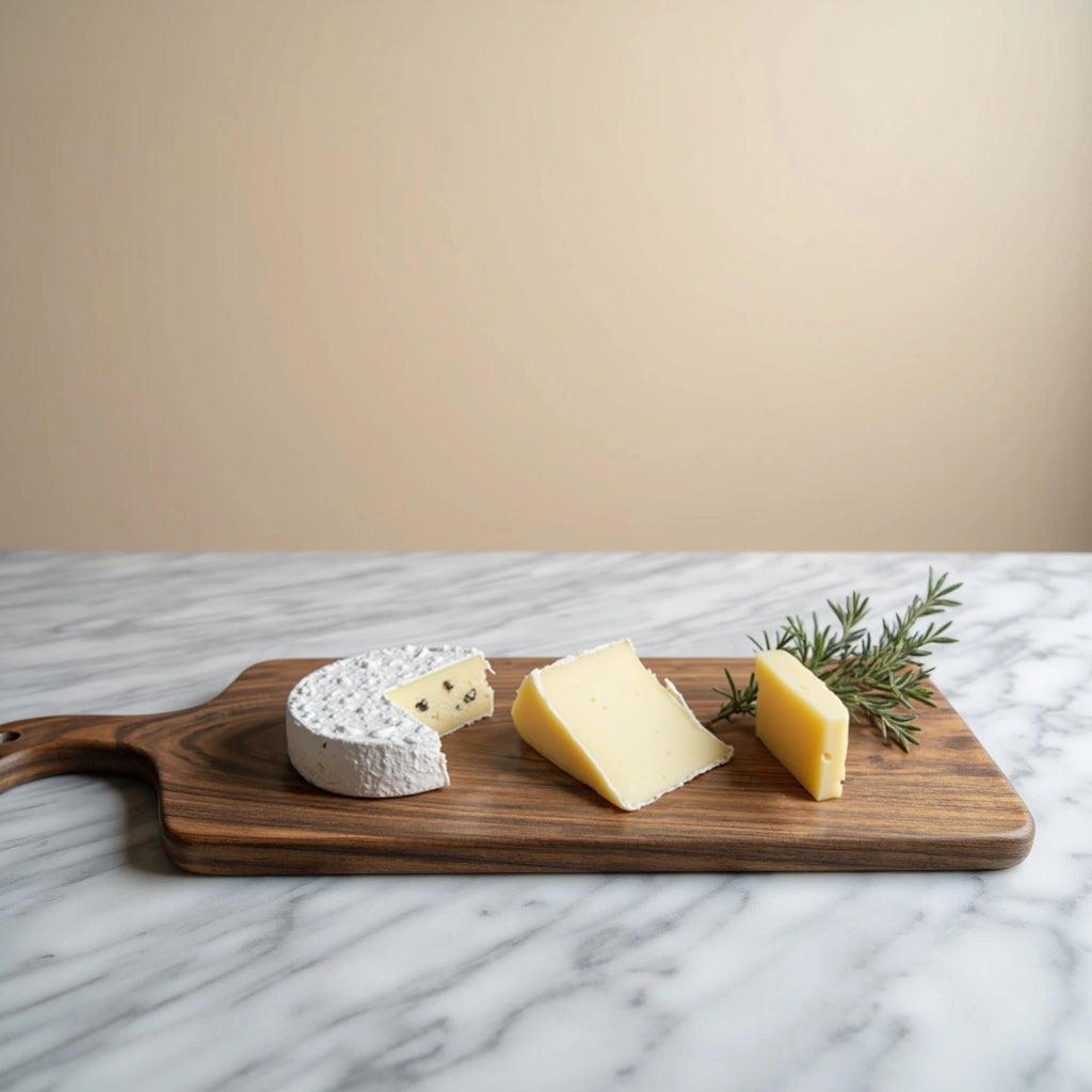 Premium walnut charcuterie board adorned with cheese and fruits for serving.