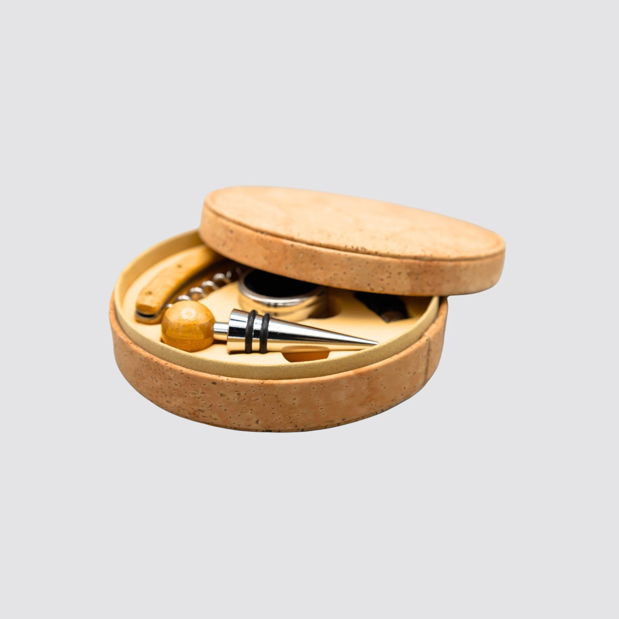 Premium wine accessory gift set in a compact 15cm cork box.