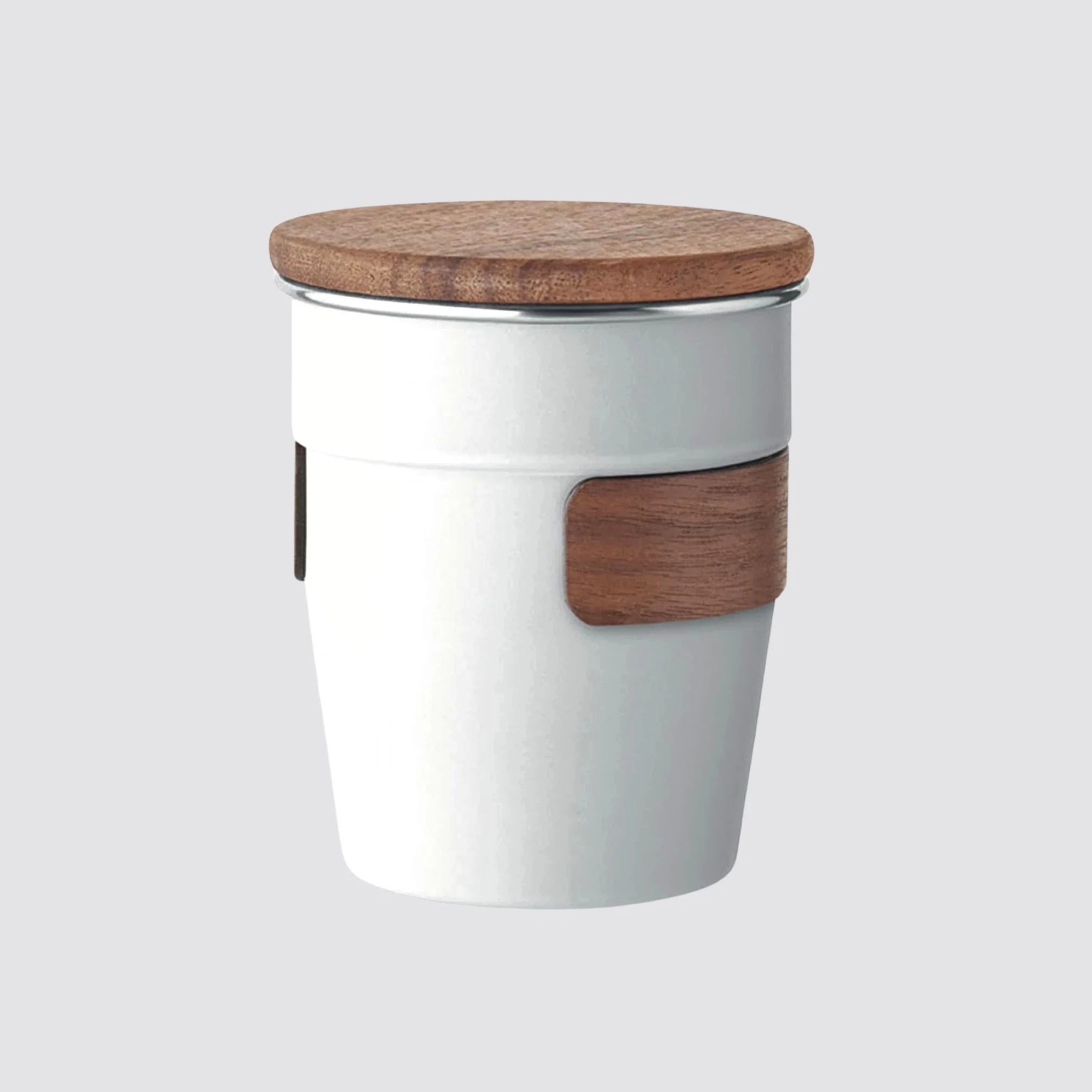 350ml recycled stainless steel white tumbler with walnut wood accents.