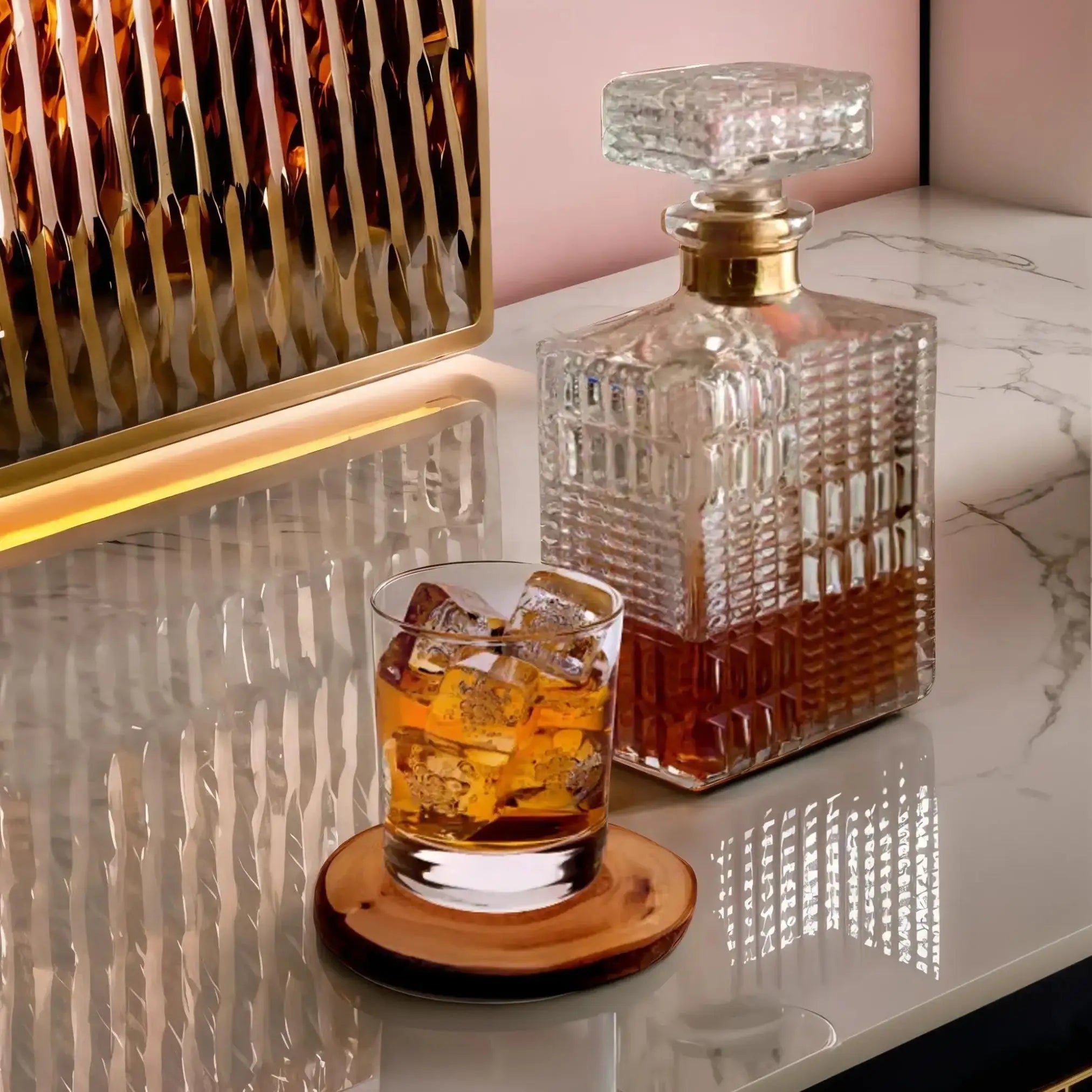 Rustic olive wood coaster styled with a premium whiskey glass, showcasing its natural grain and elegant design in a sophisticated setting.