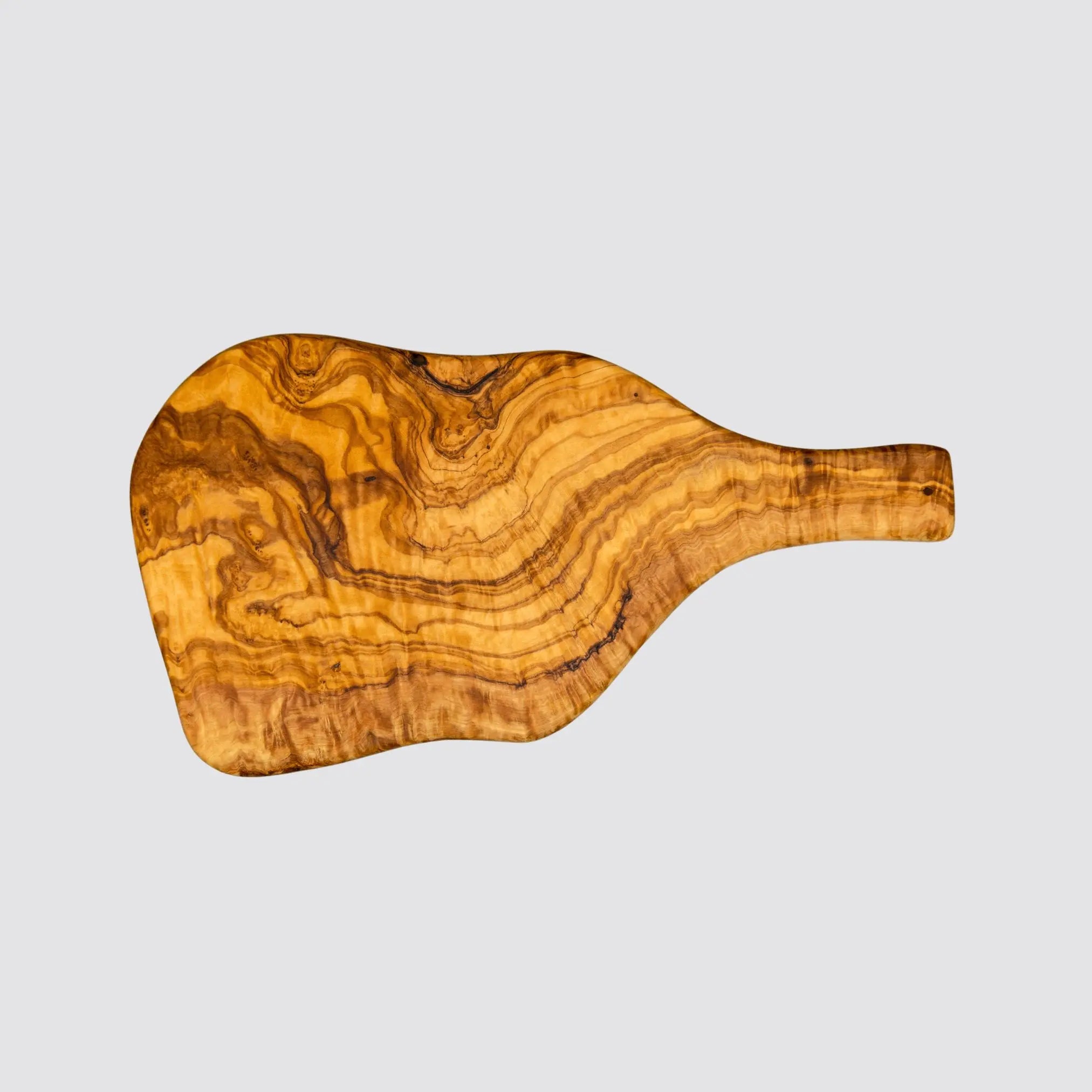 Front view of a rustic olive wood serving board highlighting its natural grain patterns on a plain white background.