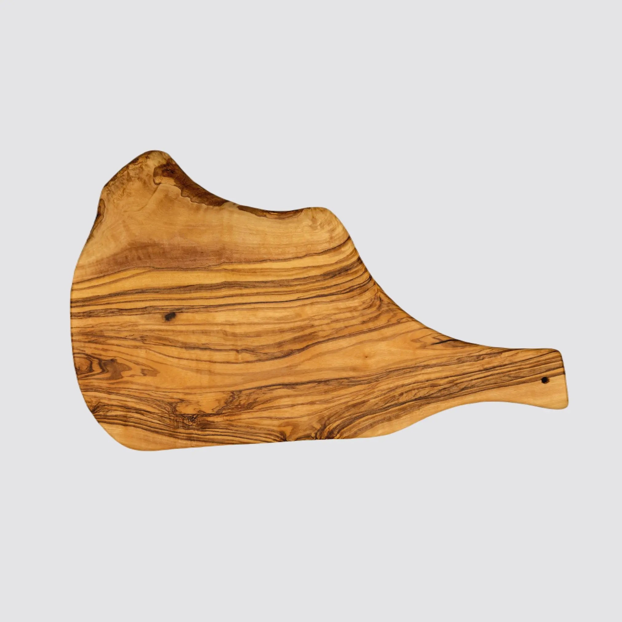 Front view of a rustic olive wood charcuterie board with handle showcasing its natural grain patterns and smooth surface on a plain white background.