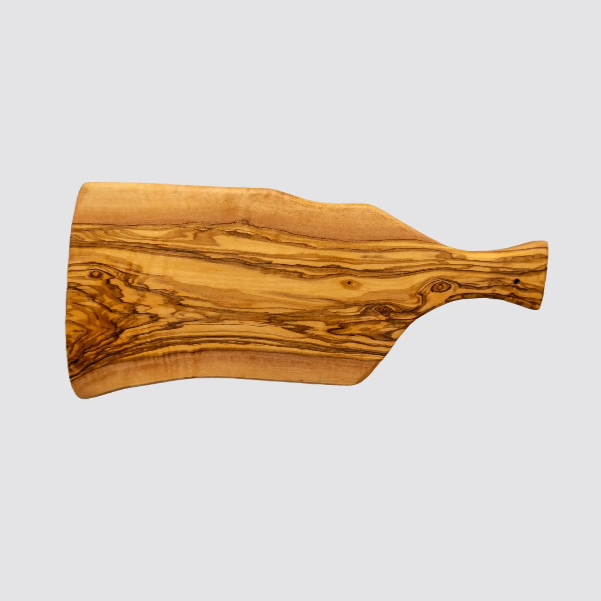 Front view of a rustic olive wood cheese board showcasing its natural grain patterns on a plain white background.