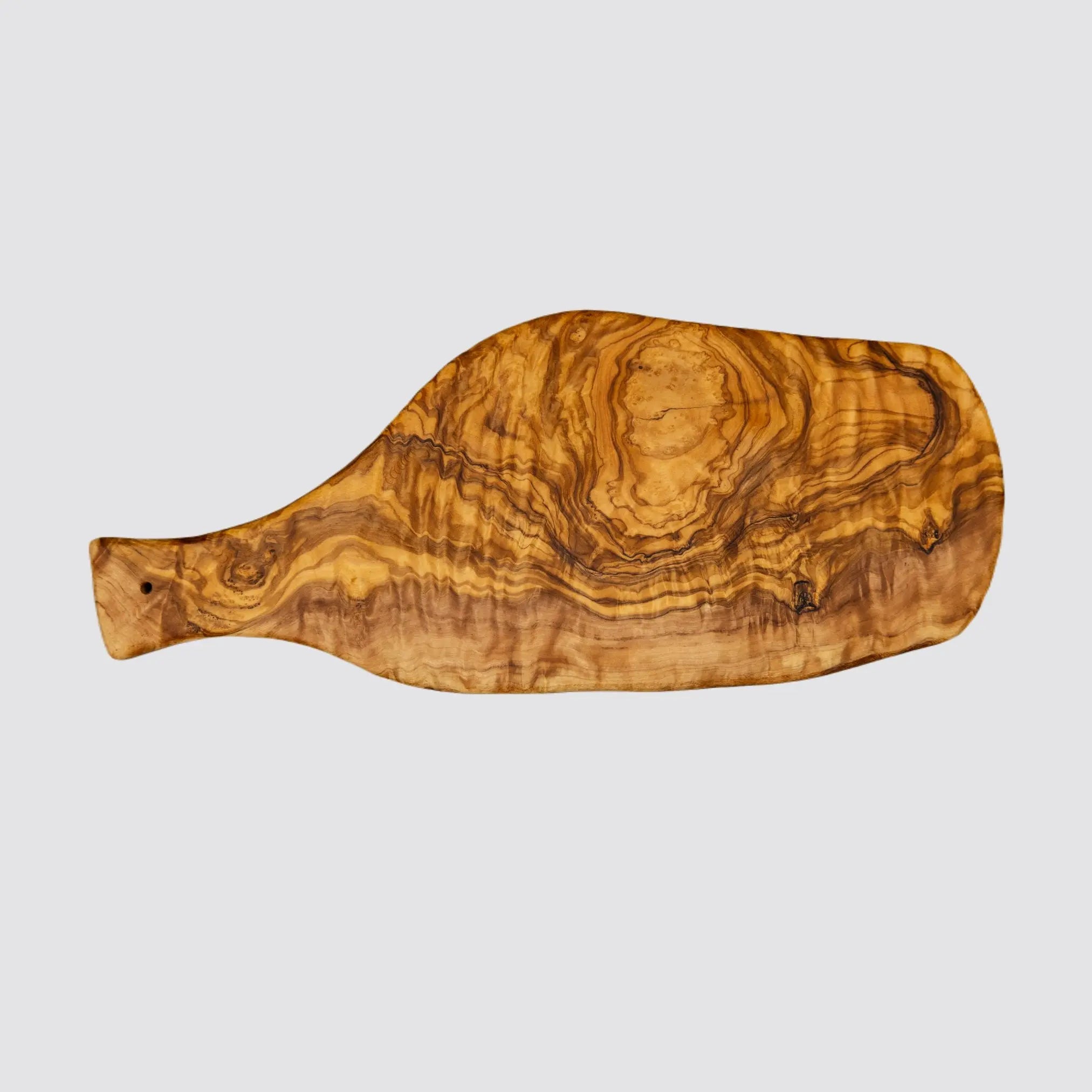 Front view of a rustic olive wood serving board showcasing its natural grain patterns and organic edges on a plain white background.