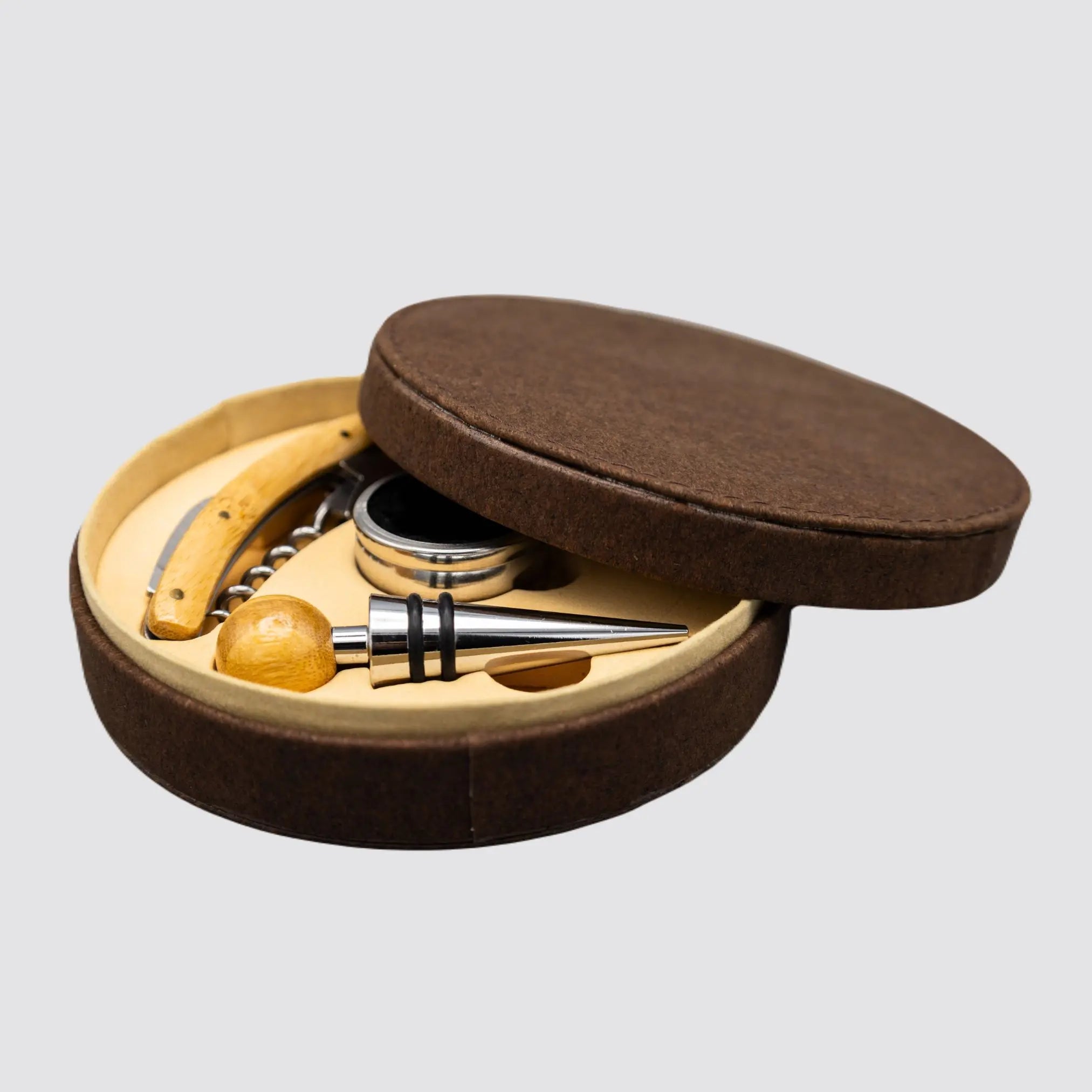 Sophisticated 4-piece wine tool set with a coffee brown cork storage box.