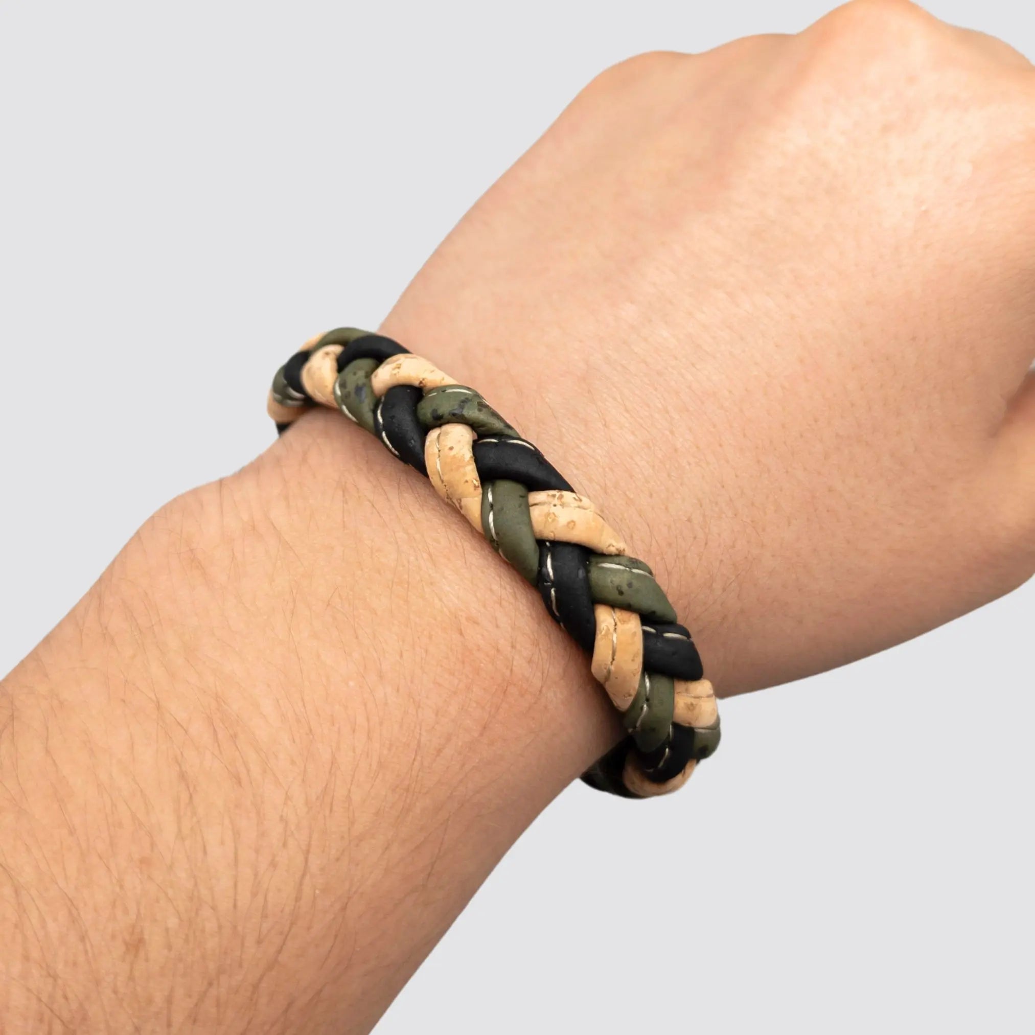 Stylish men’s cork bracelet featuring an intricate braided design and secure clasp.