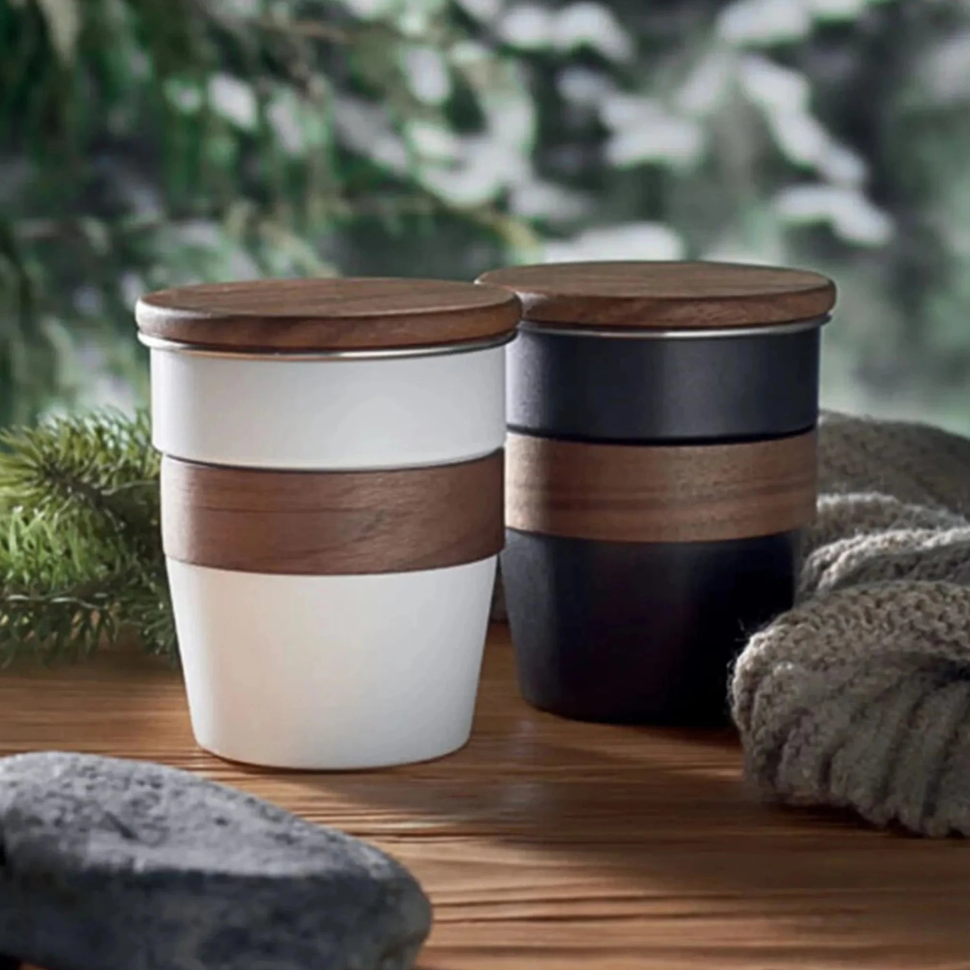 Sustainable 350ml tumbler with sleek finish and walnut wood details.