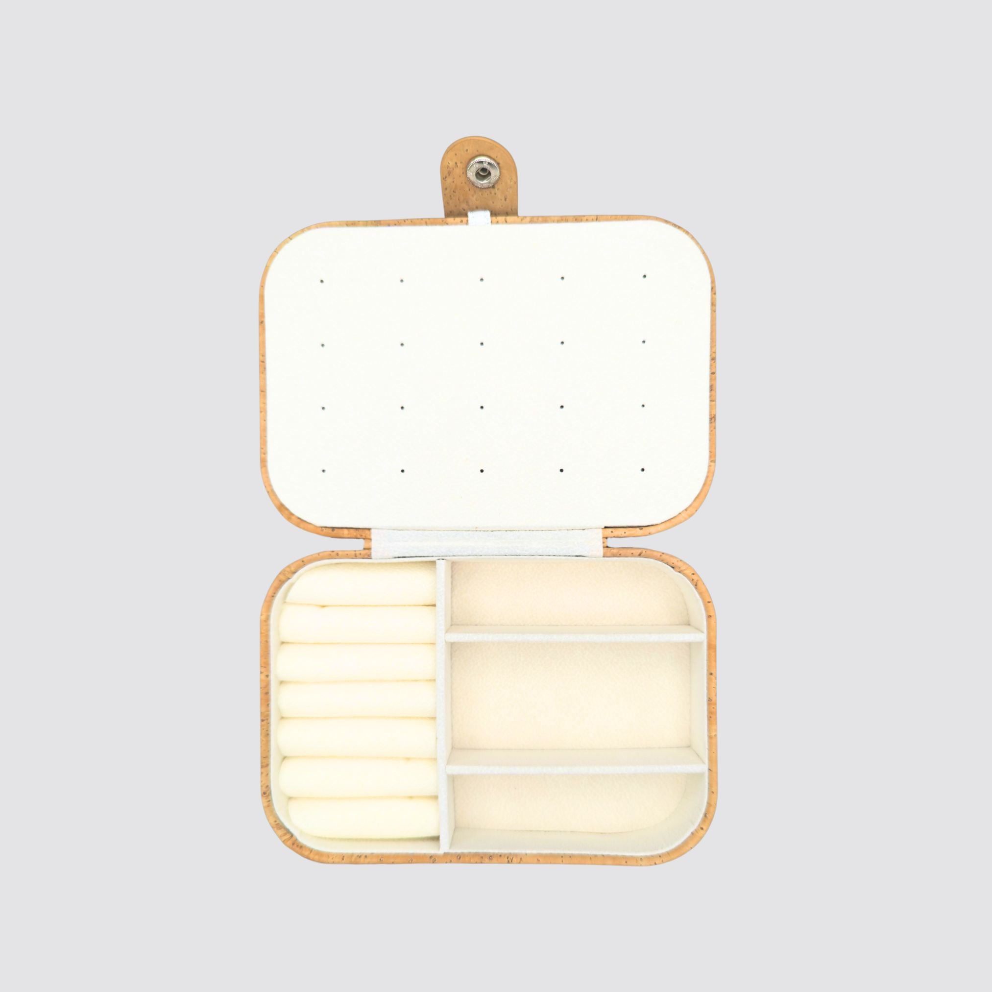 Sustainable cork jewellery organiser with a golden finish and two-layer design.