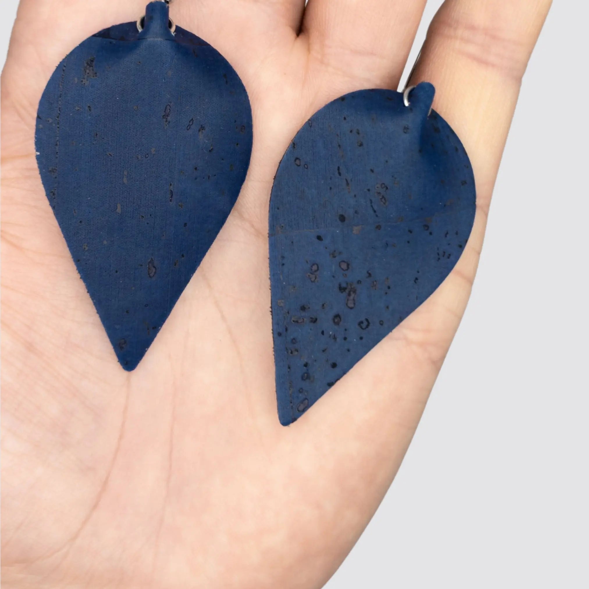 Sustainable deep blue cork drop earrings with a bold yet refined look.