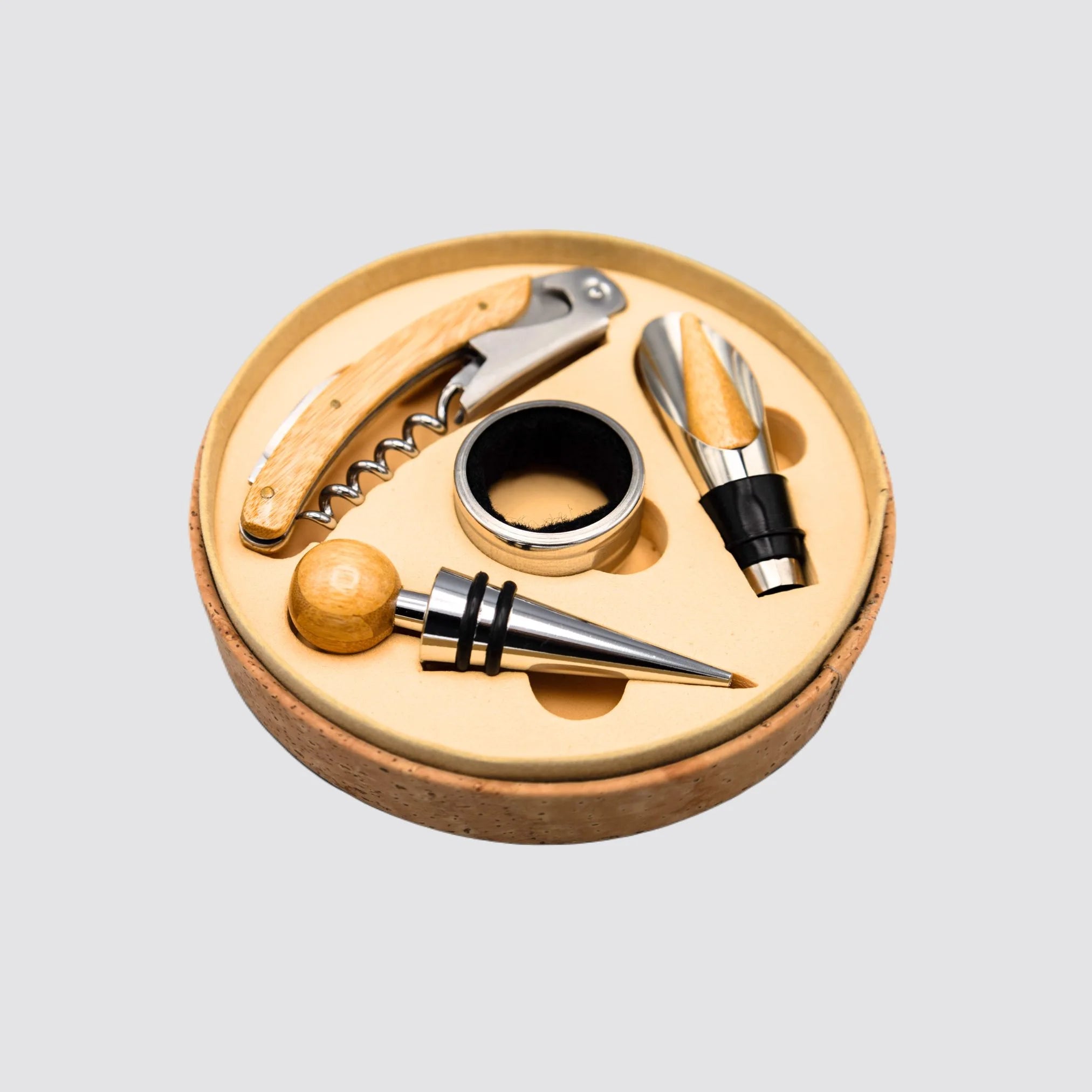 Sustainable luxury wine accessory set for drip-free pouring and easy storage.