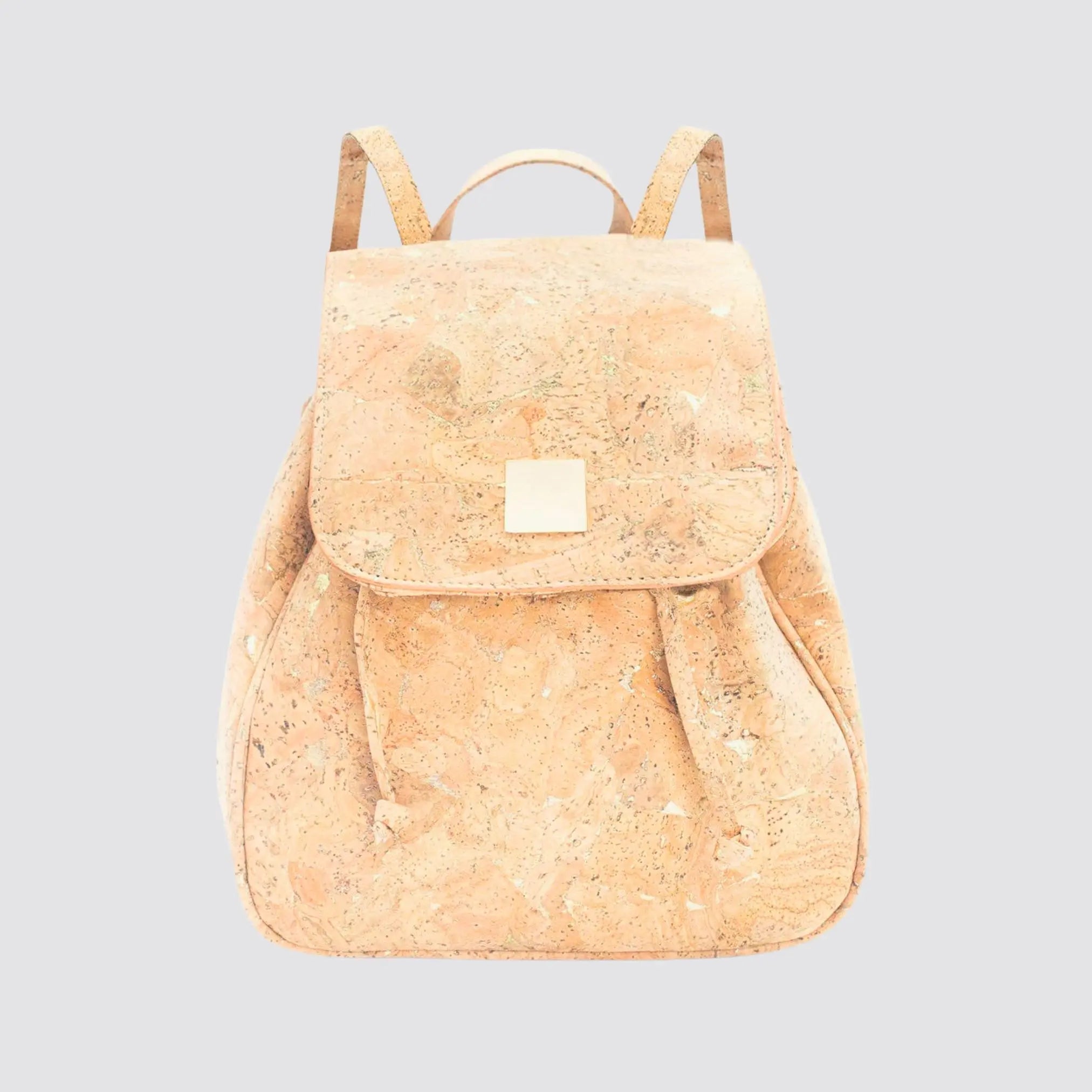 Sustainable vegan leather women’s backpack featuring gold accents.