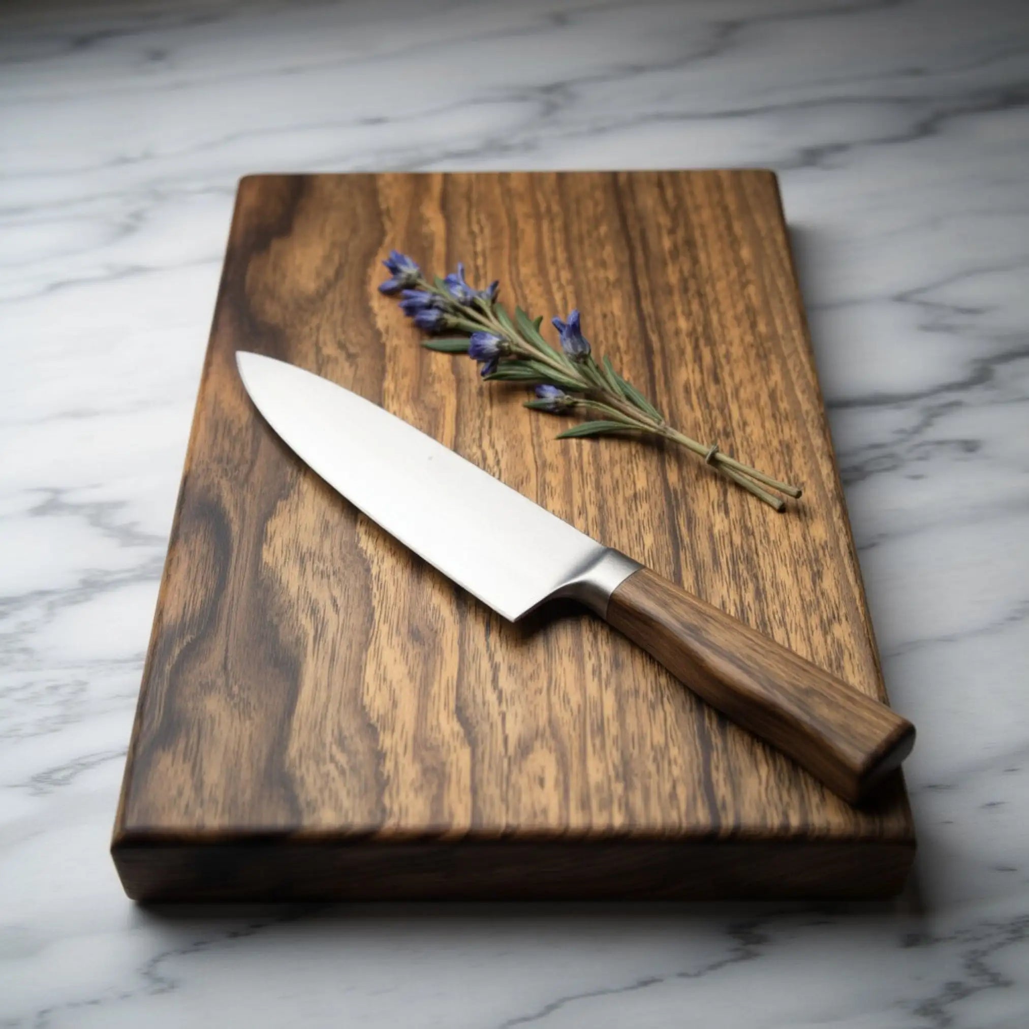 Thick walnut cutting board with a knife on a countertop, demonstrating practicality.