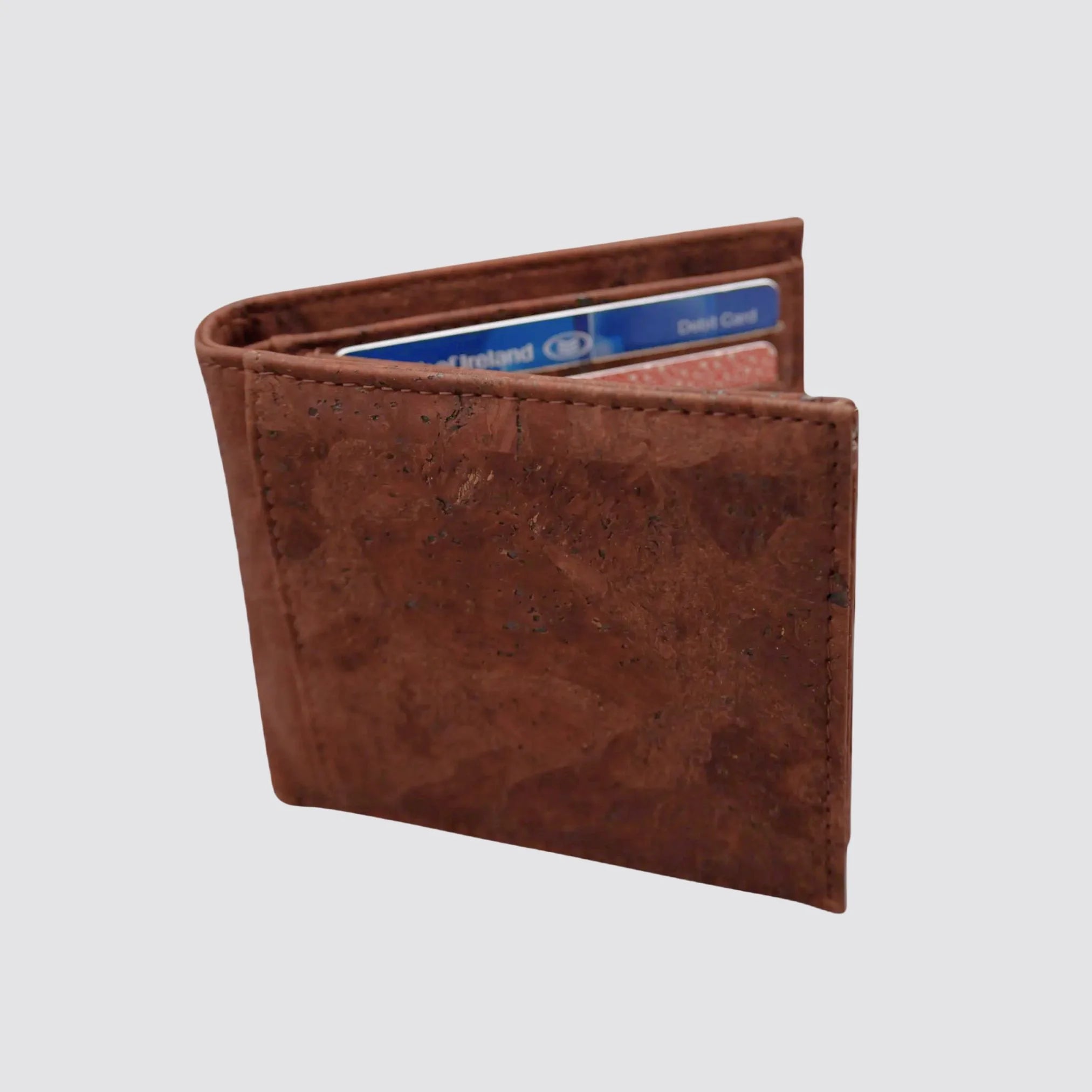 Vegan brown cork leather wallet with RFID protection and ample storage for 9 cards.