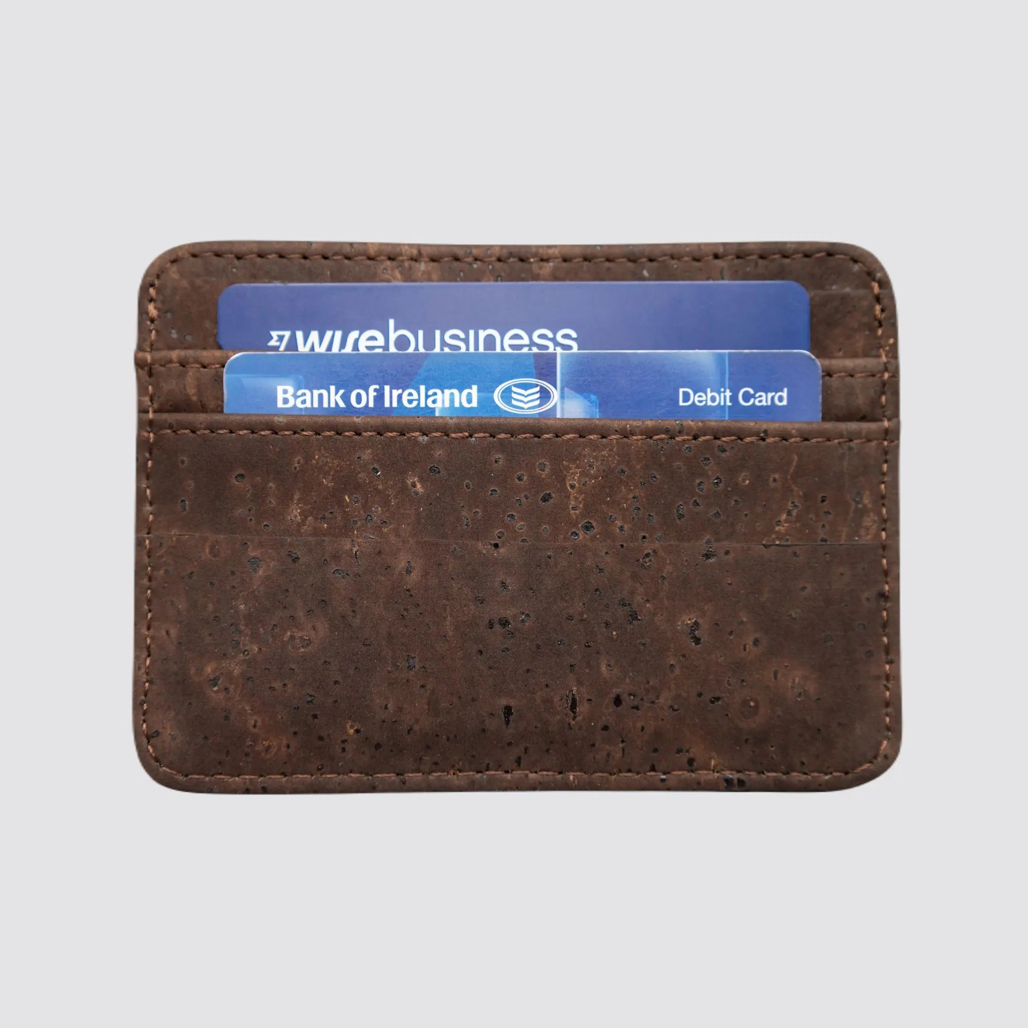 Vegan leather slim wallet with RFID protection and brown cork design.