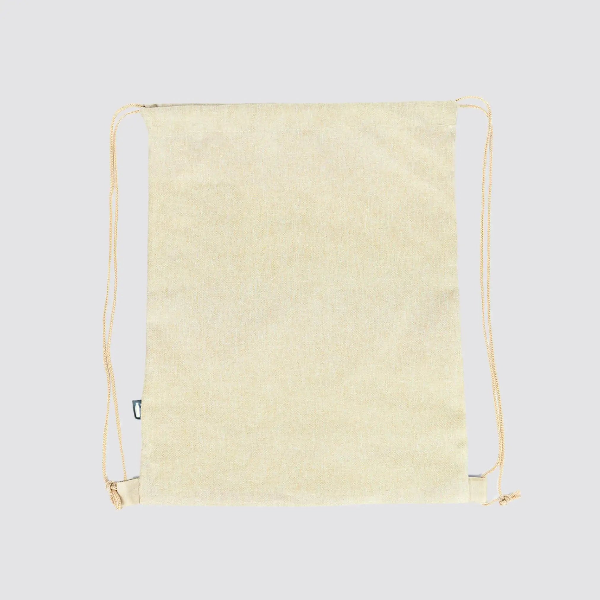 Back view flat lay of the versatile eco-friendly drawstring bag, suitable for various daily activities.