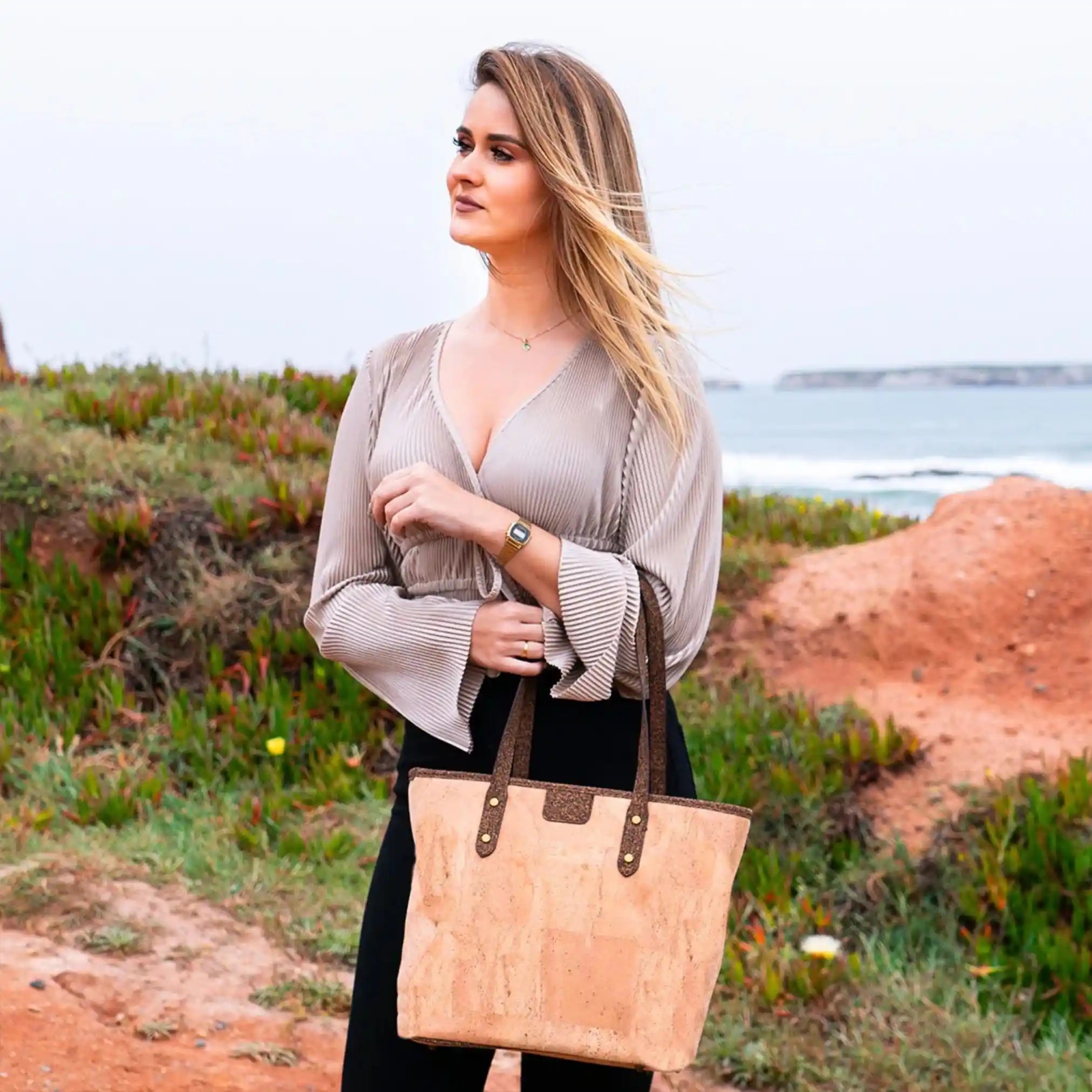 Versatile and sustainable cork tote bag for eco-conscious women.