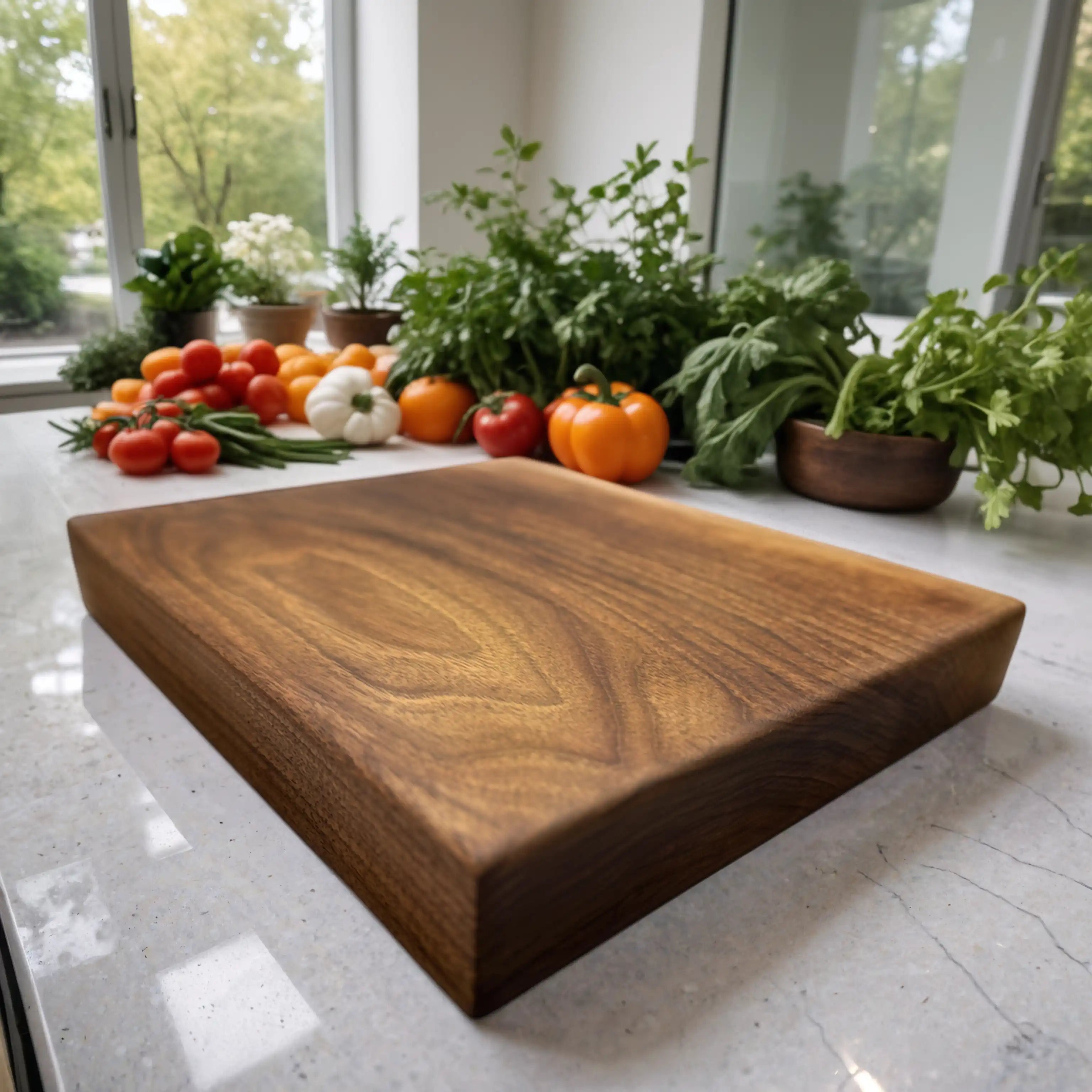 Walnut butcher block styled with fresh vegetables on a table ready for chopping, showcasing its durable design and elegant natural grain for meal preparation.