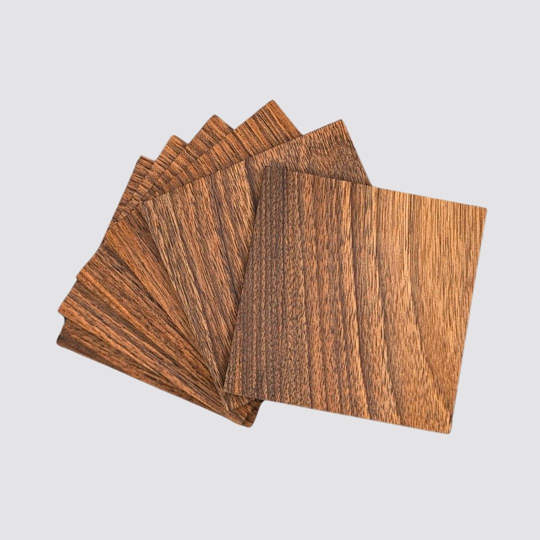 The drink coaster set is made of walnut wood.