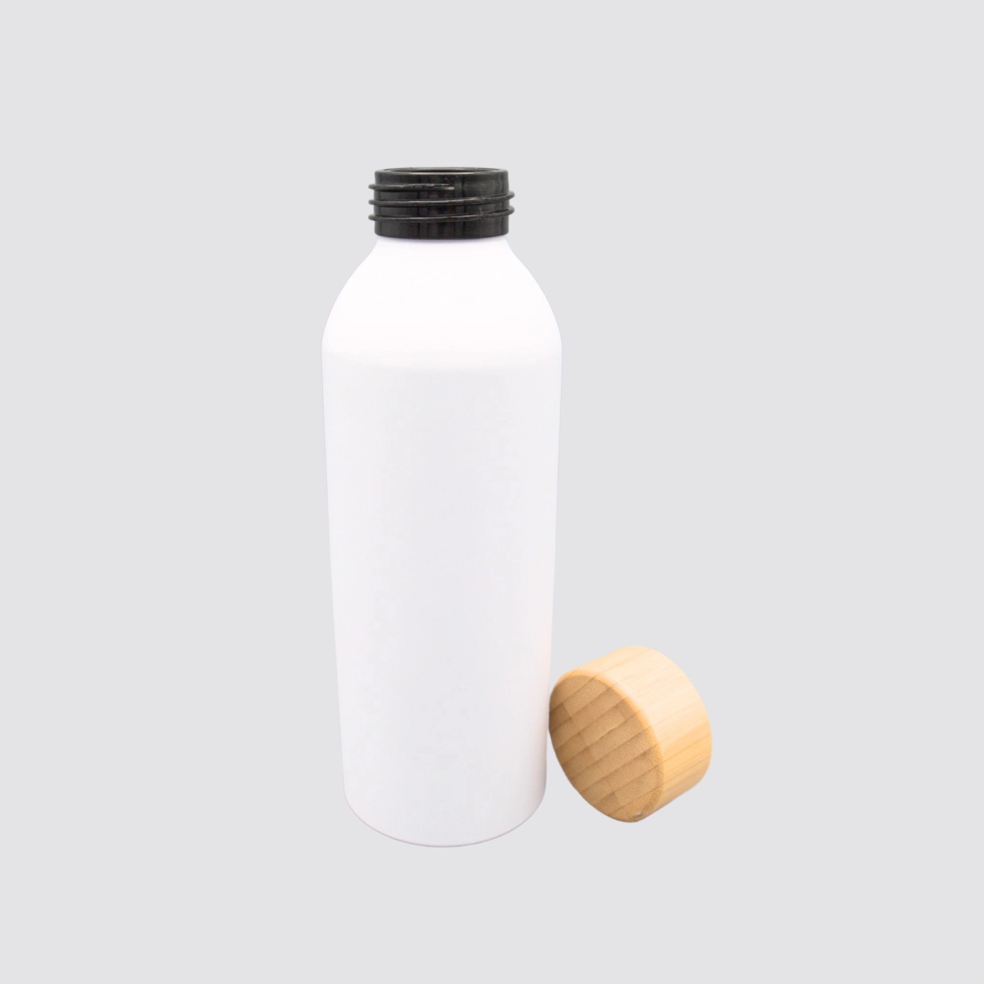 Side view of a white aluminium water bottle with a bamboo lid, highlighting its elegant finish and sturdy construction on a plain white background.