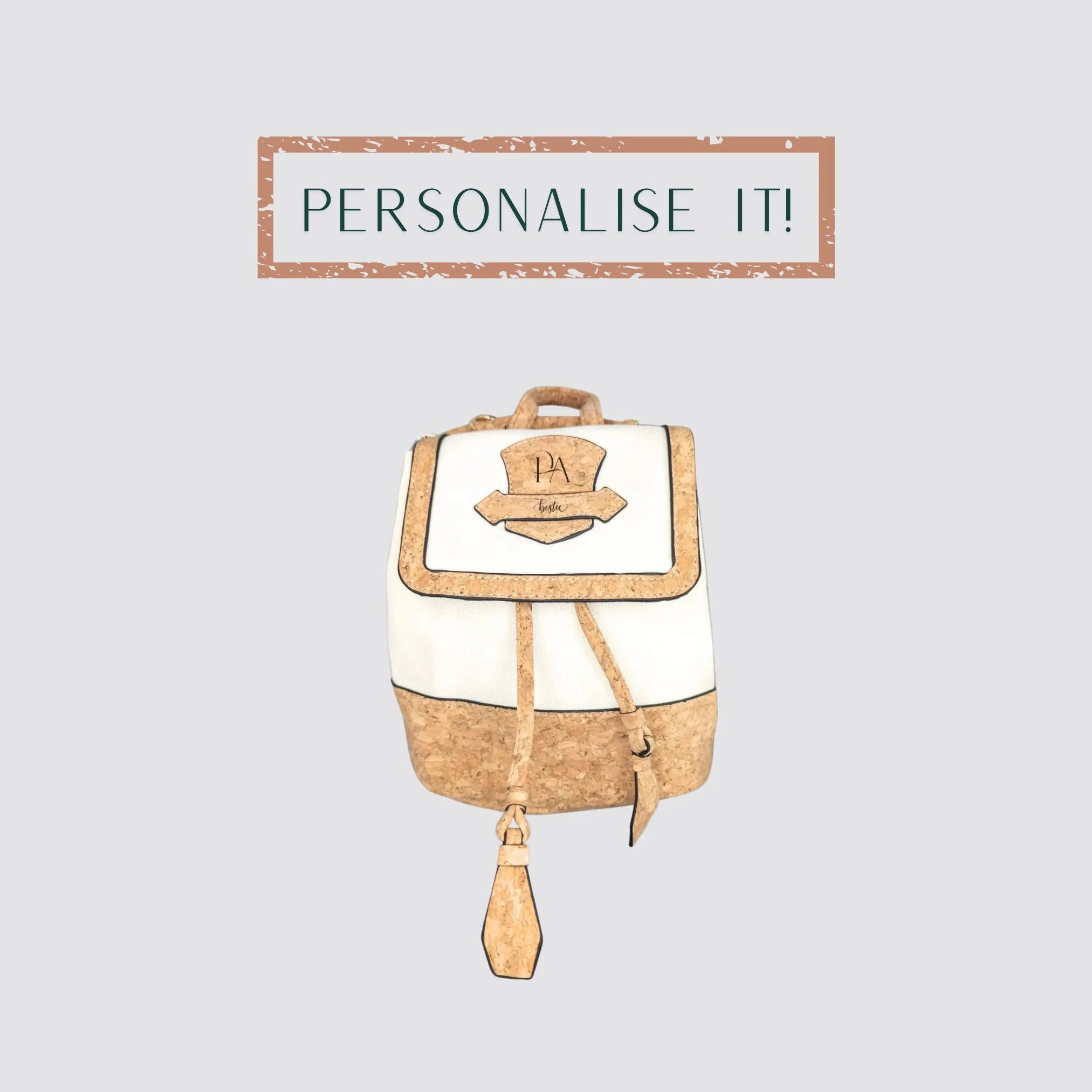 The petite backpack for women made of cork vegan leather is personalised.