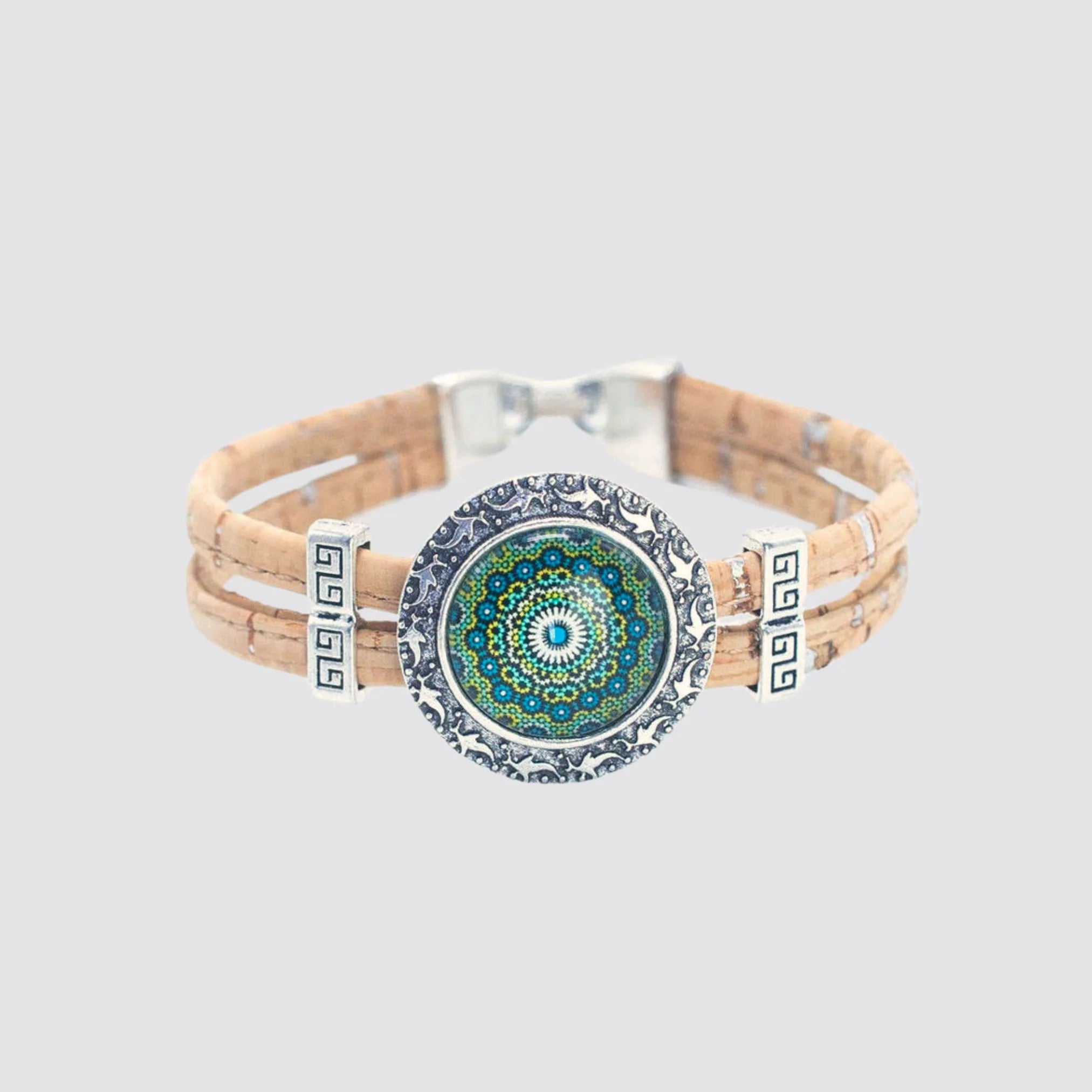 Women’s turquoise cork bracelet featuring an Azulejo-inspired charm and adjustable fit.