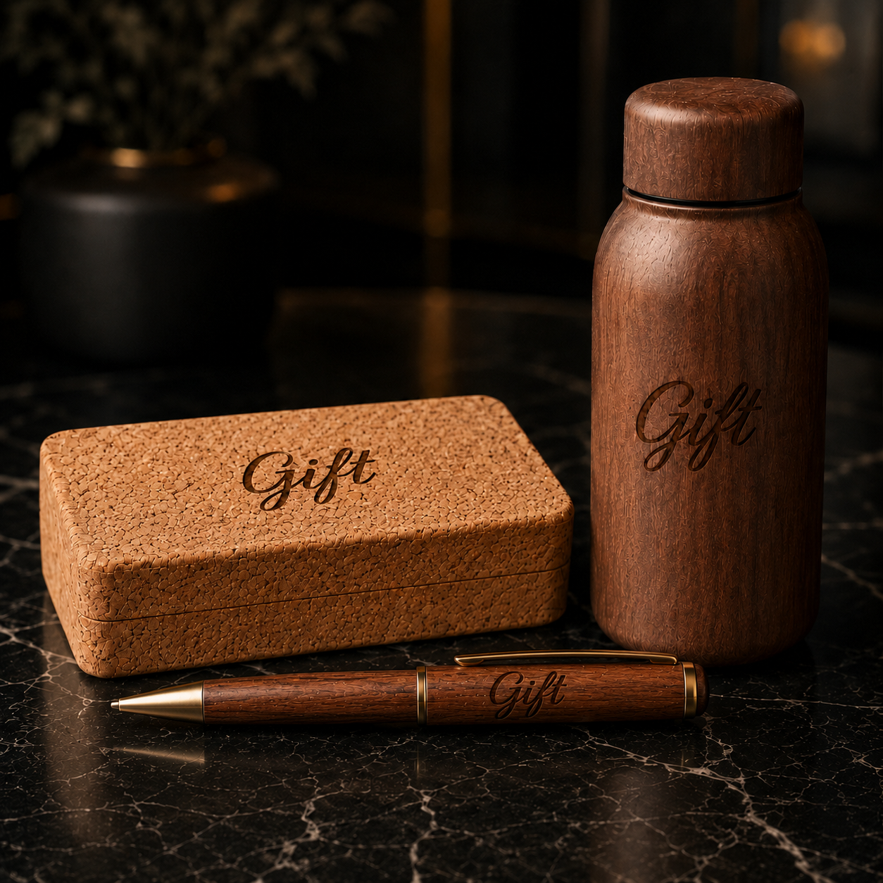 sustainable gifts like pen and bottle on the table