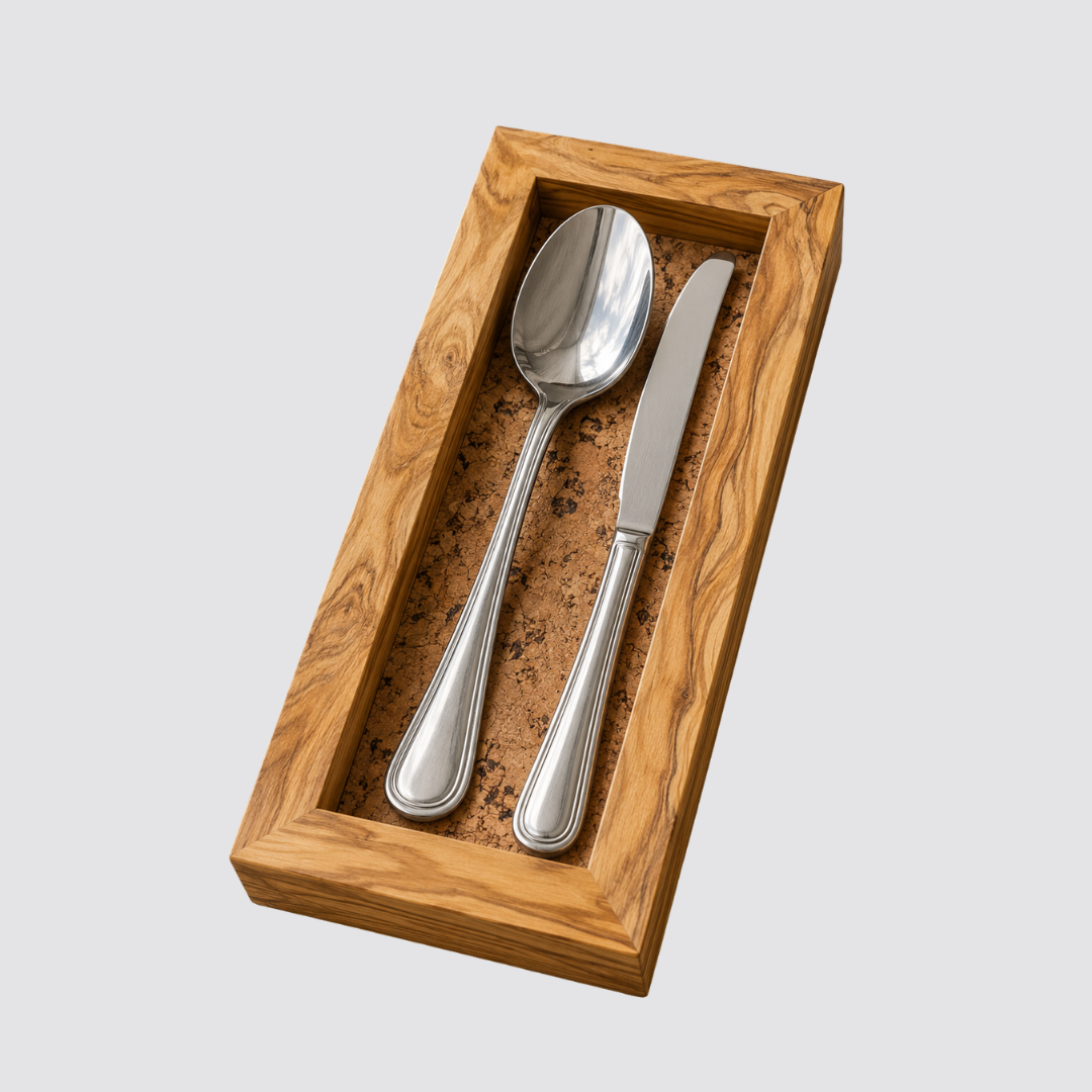 Custom olive wood cutlery box with rustic cork base for hotel room service