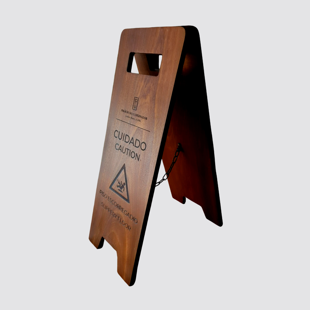 Custom engraved wooden wet floor sign for luxury hotel safety signage