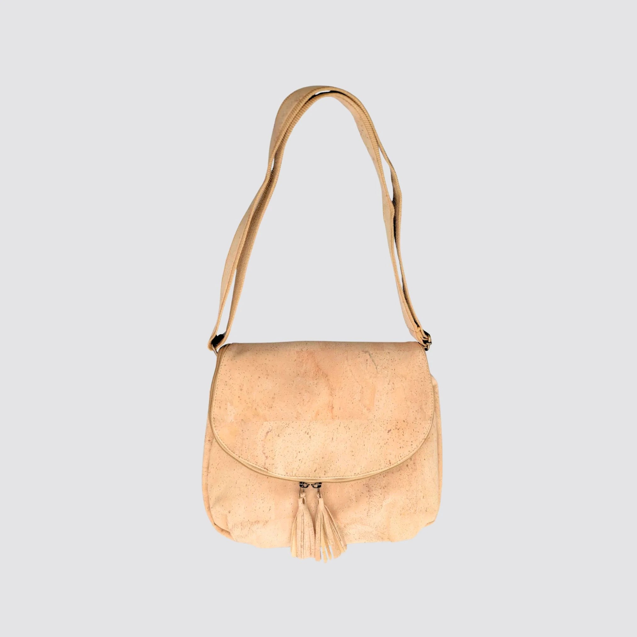 Front view of the eco-friendly cork crossbody bag, showcasing vegan leather design.